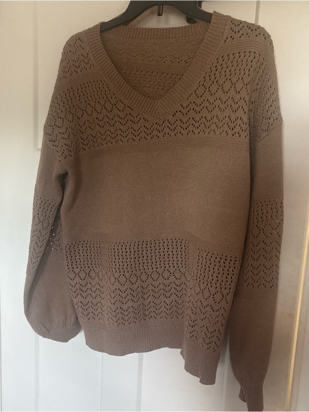 Women's V-Neck Openwork Knit Sweater in Taupe